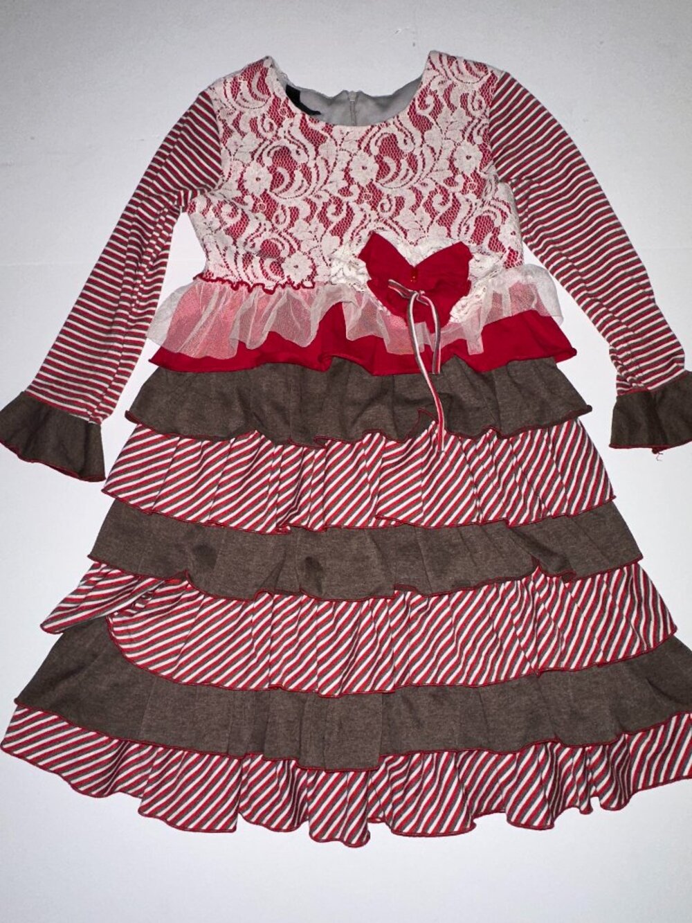 Isobella & Chloe Girls sz 7 Lace Ruffle Floral Stripes BOHO Dress brown red